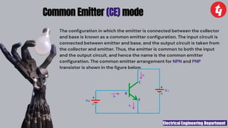 Electrical Engineering Department
Common Emitter (CE) mode
The configuration in which the emitter is connected between the collector
and base is known as a common emitter configuration. The input circuit is
connected between emitter and base, and the output circuit is taken from
the collector and emitter. Thus, the emitter is common to both the input
and the output circuit, and hence the name is the common emitter
configuration. The common emitter arrangement for NPN and PNP
transistor is shown in the figure below.
 