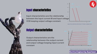 Electrical Engineering Department
Input characteristics
Input characteristics are the relationship
between the input current IB and input voltage
VCB keeping output voltage constant.
Output characteristics are the
relationship between the output current
and output voltage keeping input current
constant
Output characteristics
 