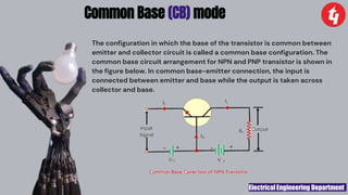 Electrical Engineering Department
Common Base (CB) mode
The configuration in which the base of the transistor is common between
emitter and collector circuit is called a common base configuration. The
common base circuit arrangement for NPN and PNP transistor is shown in
the figure below. In common base-emitter connection, the input is
connected between emitter and base while the output is taken across
collector and base.
 