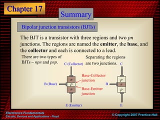 Chapter 17
Electronics Fundamentals
Circuits, Devices and Applications - Floyd
© Copyright 2007 Prentice-Hall
Summary
Bipolar junction transistors (BJTs)
The BJT is a transistor with three regions and two pn
junctions. The regions are named the emitter, the base, and
the collector and each is connected to a lead.
There are two types of
BJTs – npn and pnp.
n
n
p
p
p
n
E (Emitter)
B (Base)
C (Collector)
E
B
C
Separating the regions
are two junctions.
Base-Collector
junction
Base-Emitter
junction
 