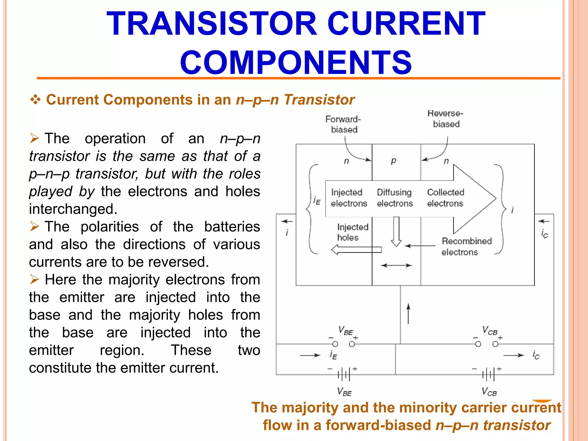 TRANSISTOR CURRENT
COMPONENTS
The majority and the minority carrier current
flow in a forward-biased n–p–n transistor
 The operation of an n–p–n
transistor is the same as that of a
p–n–p transistor, but with the roles
played by the electrons and holes
interchanged.
 The polarities of the batteries
and also the directions of various
currents are to be reversed.
 Here the majority electrons from
the emitter are injected into the
base and the majority holes from
the base are injected into the
emitter region. These two
constitute the emitter current.
 Current Components in an n–p–n Transistor
 