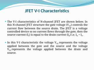JFET V-I Characteristics
 The V-I characteristics of N-channel JFET are shown below. In
this N-channel JFET structure the gate voltage (VGS) controls the
current flow between the source drain. The JFET is a voltage
controlled device so no current flows through the gate, then the
source current (IS) is equal to the drain current (ID) i.e. ID = IS.
 In this V-I characteristic the voltage VGS represents the voltage
applied between the gate and the source and the voltage
VDS represents the voltage applied between the drain and
source.
 