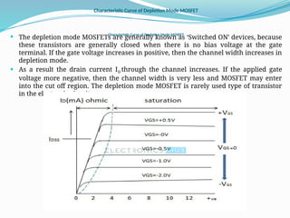 Characteristic Curve of Depletion Mode MOSFET
Characteristic Curve of Depletion Mode MOSFET
 The depletion mode MOSFETs are generally known as ‘Switched ON’ devices, because
these transistors are generally closed when there is no bias voltage at the gate
terminal. If the gate voltage increases in positive, then the channel width increases in
depletion mode.
 As a result the drain current ID through the channel increases. If the applied gate
voltage more negative, then the channel width is very less and MOSFET may enter
into the cut off region. The depletion mode MOSFET is rarely used type of transistor
in the electronic circuits.
 