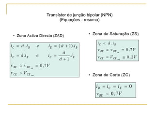Transístor de junção bipolar (NPN) (Equações - resumo) 
