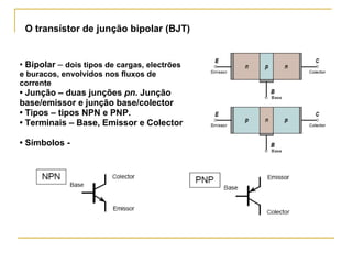 O transístor de junção bipolar (BJT)   •  Bipolar  –  dois tipos de cargas, electrões e buracos, envolvidos nos fluxos de corrente •  Junção – duas junções  pn . Junção base/emissor e junção base/colector •  Tipos – tipos NPN e PNP. •  Terminais – Base, Emissor e Colector •  Símbolos - 