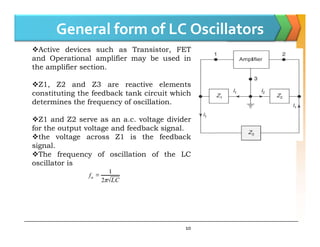 General form of LC Oscillators
Active devices such as Transistor, FET
and Operational amplifier may be used in
the amplifier section.
Z1, Z2 and Z3 are reactive elements
constituting the feedback tank circuit which
determines the frequency of oscillation.
Z1 and Z2 serve as an a.c. voltage divider
10
for the output voltage and feedback signal.
the voltage across Z1 is the feedback
signal.
The frequency of oscillation of the LC
oscillator is

 