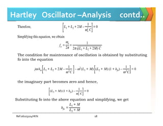 Hartley Oscillator –Analysis contd..
The condition for maintenance of oscillation is obtained by substituting
fo into the equation
Ref:06103104HKN 18
the imaginary part becomes zero and hence,
Substituting fo into the above equation and simplifying, we get
 