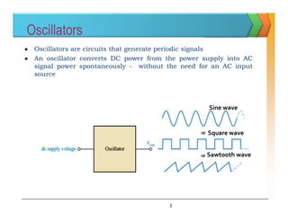 Oscillators
 Oscillators are circuits that generate periodic signals
 An oscillator converts DC power from the power supply into AC
signal power spontaneously - without the need for an AC input
source
Sine wave
Sine wave
Square wave
Sawtooth wave
3
 