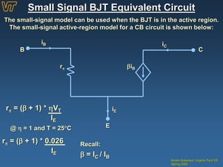 Kristin Ackerson, Virginia Tech EE
Spring 2002
Small Signal BJT Equivalent Circuit
The small-signal model can be used when the BJT is in the active region.
The small-signal active-region model for a CB circuit is shown below:
iBr
iE
iC
iB
B C
E
r = ( + 1) * VT
IE
@  = 1 and T = 25C
r = ( + 1) * 0.026
IE
Recall:
 = IC / IB
 