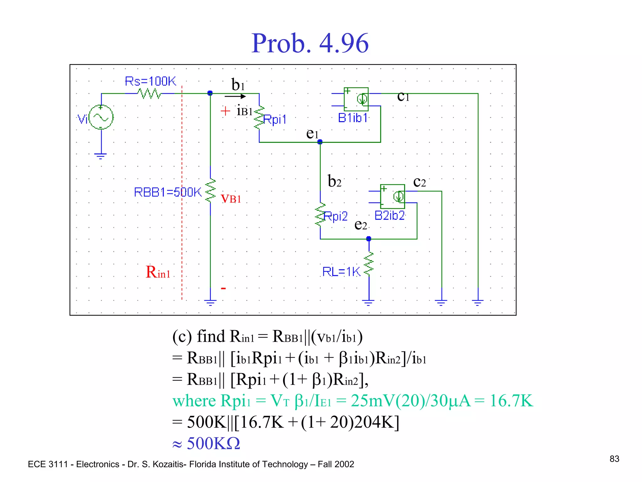 ECE 3111 - Electronics - Dr. S. Kozaitis- Florida Institute of Technology – Fall 2002
83
Prob. 4.96
(c) find Rin1 = RBB1||(vb1/ib1)
= RBB1|| [ib1Rpi1 +(ib1 + b1ib1)Rin2]/ib1
= RBB1|| [Rpi1 +(1+ b1)Rin2],
where Rpi1 = VT b1/IE1 = 25mV(20)/30mA = 16.7K
= 500K||[16.7K + (1+ 20)204K]
 500KW
b1
e1
c1
b2
e2
c2
+
vB1
-
Rin1
iB1
 