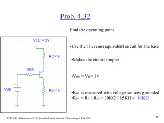 ECE 3111 - Electronics - Dr. S. Kozaitis- Florida Institute of Technology – Fall 2002
21
Prob. 4.32
Find the operating point
•Use the Thevenin equivalent circuit for the base
•Makes the circuit simpler
•VBB = VB = 3V
•RBB is measured with voltage sources grounded
•RBB = RB1|| RB2 = 30KW || 15KW = . 10KW
 