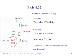ECE 3111 - Electronics - Dr. S. Kozaitis- Florida Institute of Technology – Fall 2002
22
Prob. 4.32
Write B-E loop and C-E loop
B-E
loop
C-E loop
B-E loop
VBB = IBRBB + VBE +IERE
C-E loop
VCC = ICRC + VCE +IERE
Solve for,IC, VCE, and IB.
This is how all DC circuits are analyzed
and designed!
 