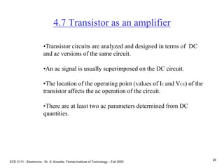 ECE 3111 - Electronics - Dr. S. Kozaitis- Florida Institute of Technology – Fall 2002
29
4.7 Transistor as an amplifier
•Transistor circuits are analyzed and designed in terms of DC
and ac versions of the same circuit.
•An ac signal is usually superimposed on the DC circuit.
•The location of the operating point (values of IC and VCE) of the
transistor affects the ac operation of the circuit.
•There are at least two ac parameters determined from DC
quantities.
 