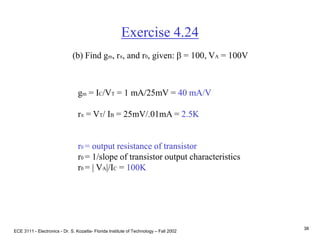 ECE 3111 - Electronics - Dr. S. Kozaitis- Florida Institute of Technology – Fall 2002
38
Exercise 4.24
(b) Find gm, rp, and r0, given: b = 100, VA = 100V
gm = IC/VT = 1 mA/25mV = 40 mA/V
rp = VT/ IB = 25mV/.01mA = 2.5K
r0 = output resistance of transistor
r0 = 1/slope of transistor output characteristics
r0 = | VA|/IC = 100K
 