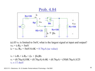 ECE 3111 - Electronics - Dr. S. Kozaitis- Florida Institute of Technology – Fall 2002
62
Prob. 4.84
(c) If vbe is limited to 5mV, what is the largest signal at input and output?
vbe = ib Rpi = 5mV
ib = vbe /Rpi = 5mV/6.6K = 0.76mA (ac value)
vs = ib Rs + ib Rpi + (ib + bib)RE
vs = (0.76mA)10K + (0.76mA) 6.6K + (0.76mA + (50)0.76mA )125
vs  17.4mV
ib
ib + bib
+
vout
-
+
vbe
-
 