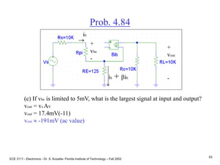 ECE 3111 - Electronics - Dr. S. Kozaitis- Florida Institute of Technology – Fall 2002
63
Prob. 4.84
(c) If vbe is limited to 5mV, what is the largest signal at input and output?
vout = vs AV
vout = 17.4mV(-11)
vout  -191mV (ac value)
ib
ib + bib
+
vout
-
+
vbe
-
 