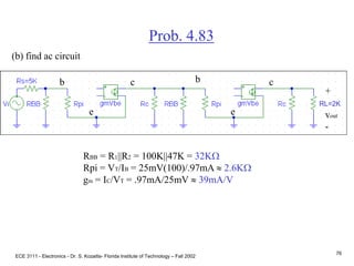 ECE 3111 - Electronics - Dr. S. Kozaitis- Florida Institute of Technology – Fall 2002
76
Prob. 4.83
b c
e
+
vout
-
(b) find ac circuit
b c
e
RBB = R1||R2 = 100K||47K = 32KW
Rpi = VT/IB = 25mV(100)/.97mA  2.6KW
gm = IC/VT = .97mA/25mV  39mA/V
RL=2K
 