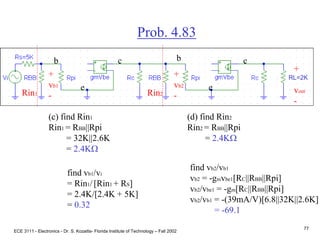 ECE 3111 - Electronics - Dr. S. Kozaitis- Florida Institute of Technology – Fall 2002
77
Prob. 4.83
b c
e
+
vout
-
(c) find Rin1
Rin1 = RBB||Rpi
= 32K||2.6K
= 2.4KW
b c
e
Rin1
(d) find Rin2
Rin2 = RBB||Rpi
= 2.4KW
Rin2
find vb1/vi
= Rin1/[Rin1 + RS]
= 2.4K/[2.4K + 5K]
= 0.32
+
vb1
-
find vb2/vb1
vb2 = -gmvbe1[RC||RBB||Rpi]
vb2/vbe1 = -gm[RC||RBB||Rpi]
vb2/vb1 = -(39mA/V)[6.8||32K||2.6K]
= -69.1
+
vb2
-
RL=2K
 