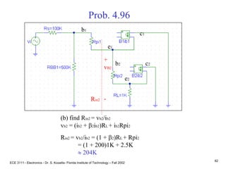 ECE 3111 - Electronics - Dr. S. Kozaitis- Florida Institute of Technology – Fall 2002
82
Prob. 4.96
(b) find Rin2 = vb2/ib2
vb2 = (ib2 + b2ib2)RL + ib2Rpi2
Rin2 = vb2/ib2 = (1 + b2)RL + Rpi2
= (1 + 200)1K + 2.5K
 204K
b1
e1
c1
b2
e2
c2
+
vB2
-Rin2
 