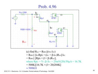 ECE 3111 - Electronics - Dr. S. Kozaitis- Florida Institute of Technology – Fall 2002
83
Prob. 4.96
(c) find Rin1 = RBB1||(vb1/ib1)
= RBB1|| [ib1Rpi1 +(ib1 + b1ib1)Rin2]/ib1
= RBB1|| [Rpi1 +(1+ b1)Rin2],
where Rpi1 = VT b1/IE1 = 25mV(20)/30mA = 16.7K
= 500K||[16.7K + (1+ 20)204K]
 500KW
b1
e1
c1
b2
e2
c2
+
vB1
-
Rin1
iB1
 