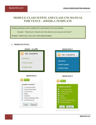 Byjoomla.com                                                               VENUS CONFIGURATION MANUAL




       MODULE CLASS SUFFIX AND CLASS CSS MANUAL
            FOR VENUS – JOOMLA TEMPLATE

     Module parameters can be combined for customization to fit your demand:

             Example: “bjmod-style-1 bjmod-color-blue bjmod-corner-top typo-download”

     Modules’ default color is the color of the default template.



 1. MODULES STYLE:

                        default – no suffix                               bjmod-style-1




                          bjmod-style-2                                   bjmod-style-3




 1                                                                                         Byjoomla.com
 