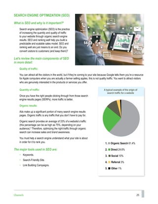 25
SEARCH ENGINE OPTIMIZATION (SEO)
What is SEO and why is it important?4
Search engine optimization (SEO) is the practice
of increasing the quantity and quality of traffic
to your website through organic search engine
results. SEO and ranking well help you build a
predictable and scalable sales model. SEO and
ranking well are just means to an end. Do you
convert visitors to customers (and keep them)?
Let’s review the main components of SEO
in more detail:
Quality of traffic:
You can attract all the visitors in the world, but if they’re coming to your site because Google tells them you’re a resource
for Apple computers when you are actually a farmer selling apples, this is not quality traffic. You want to attract visitors
who are genuinely interested in the products or services you offer.
1. n Organic Search 61.4%
2. n Direct 24.6%
3.		
n Social 10%
4. n Referral 3%
5. n Other 1%
Quantity of traffic:
Once you have the right people clicking through from those search
engine results pages (SERPs), more traffic is better.
Organic results:
Ads make up a significant portion of many search engine results
pages. Organic traffic is any traffic that you don’t have to pay for.
Organic search provides an average of 33% of a website’s traffic
(this percentage can be as high as 75%, depending on your
audience).5
Therefore, optimizing the right traffic through organic
search can increase sales and brand awareness.
You must help a search engine understand what your site is about
in order for it to rank you.
The major tools used in SEO are:
• Keywords.
• Search-Friendly Site.
• Link Building Campaigns.
A typical example of the origin of
search traffic for a website
Channels
 