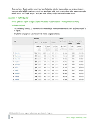 40 SBTDC Digital Marketing Guide
Once you have a Google Analytics account and have the tracking code tied to your website, you can generate some
basic reports that will tell you who is coming to your website and guide you to certain actions. Below are some examples
of basic reports from Google Analytics, along with some actions you might take based on these reports.
Example 1: Traffic by city
How to get to this report: (Google Analytics > Audience > Geo > Location > Primary Dimension = City)
Actions to consider:
• Focus marketing dollars (e.g., search and social media ads) in markets where brand value and recognition appear to
be highest.
• Target email campaigns to subscribers in high-interest geographical areas.
©2018 Google LLC All rights reserved. Google and the Google logo are registered trademarks of Google LLC.
 