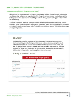 43
BE PATIENT
Understand that results from your digital marketing strategy won’t necessarily happen overnight. A
business may initially commit to having a consistent social media presence or updating their website
with fresh content often. The business will stick with their plan for a few weeks or even months, and
after not seeing a dramatic increase in whatever metric they are tracking, they will give up. The key is
to persist. Yes, always refine your strategy, but at the same time, be patient. A lot of digital marketing
builds on itself and requires time to achieve significant return on investment.
In Reality, It Looks More Like This:
ANALYZE, REVISE, AND EXPAND ON YOUR RESULTS
In true marketing fashion, the work is never done!
All things digital are constantly evolving and changing, much like your business. You need to modify and expand on
your digital strategy so that you can respond effectively to changes in your business, your industry, the competitive
landscape, and the technological environment. A digital marketing strategy should be a living plan that is adaptable
and encompassing.
A good rule of thumb is to re-evaluate your digital marketing plan each quarter. It takes multiple touches to impact
consumers, so give yourself some time to fully implement your strategy. Review each channel/platform of your strategy
and analyze the results compared to your goals. Which platforms are achieving success? Which platforms or strategies
are not providing results?
This is where most people give up
©2018 Google LLC All rights reserved. Google and the Google logo are registered trademarks of Google LLC.
Measure, analyze, and revise
 
