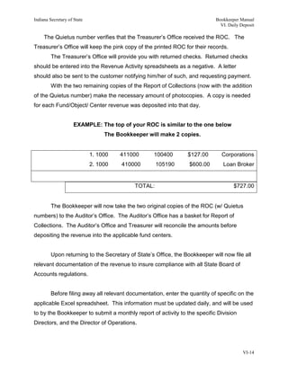 Indiana Secretary of State                                                   Bookkeeper Manual
                                                                               VI. Daily Deposit

     The Quietus number verifies that the Treasurer’s Office received the ROC. The
Treasurer’s Office will keep the pink copy of the printed ROC for their records.
         The Treasurer’s Office will provide you with returned checks. Returned checks
should be entered into the Revenue Activity spreadsheets as a negative. A letter
should also be sent to the customer notifying him/her of such, and requesting payment.
         With the two remaining copies of the Report of Collections (now with the addition
of the Quietus number) make the necessary amount of photocopies. A copy is needed
for each Fund/Object/ Center revenue was deposited into that day.


                     EXAMPLE: The top of your ROC is similar to the one below
                                  The Bookkeeper will make 2 copies.


                             1. 1000   411000      100400        $127.00       Corporations
                             2. 1000    410000       105190       $600.00       Loan Broker


                                            TOTAL:                                   $727.00


         The Bookkeeper will now take the two original copies of the ROC (w/ Quietus
numbers) to the Auditor’s Office. The Auditor’s Office has a basket for Report of
Collections. The Auditor’s Office and Treasurer will reconcile the amounts before
depositing the revenue into the applicable fund centers.


         Upon returning to the Secretary of State’s Office, the Bookkeeper will now file all
relevant documentation of the revenue to insure compliance with all State Board of
Accounts regulations.


         Before filing away all relevant documentation, enter the quantity of specific on the
applicable Excel spreadsheet. This information must be updated daily, and will be used
to by the Bookkeeper to submit a monthly report of activity to the specific Division
Directors, and the Director of Operations.




                                                                                          VI-14
 