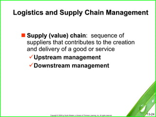 Logistics and Supply Chain Management Supply (value) chain :  sequence of suppliers that contributes to the creation and delivery of a good or service Upstream management Downstream management 