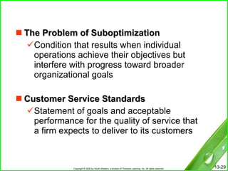 The Problem of Suboptimization Condition that results when individual operations achieve their objectives but interfere with progress toward broader organizational goals Customer Service Standards Statement of goals and acceptable performance for the quality of service that a firm expects to deliver to its customers 