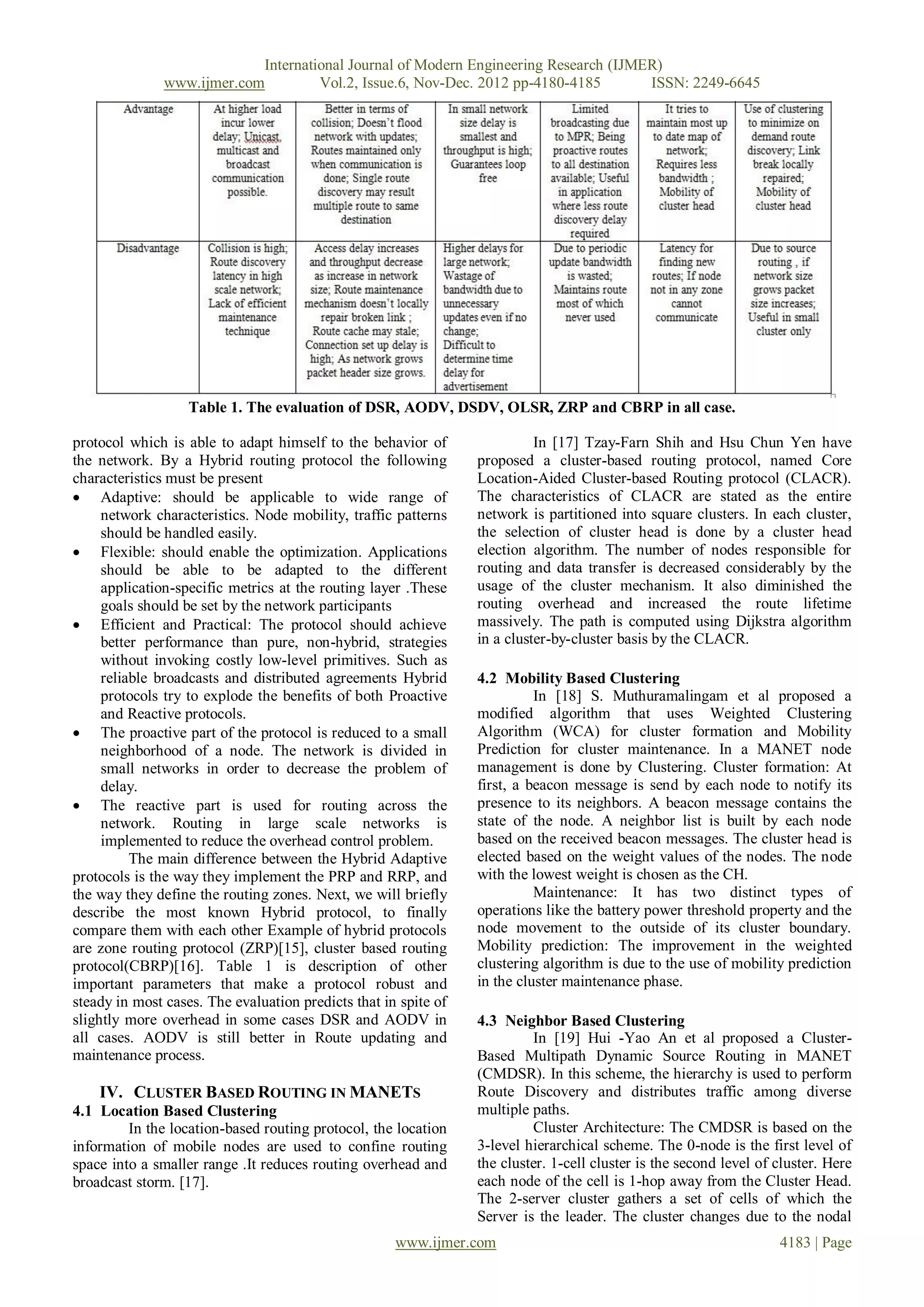 International Journal of Modern Engineering Research (IJMER)
               www.ijmer.com         Vol.2, Issue.6, Nov-Dec. 2012 pp-4180-4185       ISSN: 2249-6645




                   Table 1. The evaluation of DSR, AODV, DSDV, OLSR, ZRP and CBRP in all case.

protocol which is able to adapt himself to the behavior of                 In [17] Tzay-Farn Shih and Hsu Chun Yen have
the network. By a Hybrid routing protocol the following          proposed a cluster-based routing protocol, named Core
characteristics must be present                                  Location-Aided Cluster-based Routing protocol (CLACR).
 Adaptive: should be applicable to wide range of                The characteristics of CLACR are stated as the entire
     network characteristics. Node mobility, traffic patterns    network is partitioned into square clusters. In each cluster,
     should be handled easily.                                   the selection of cluster head is done by a cluster head
 Flexible: should enable the optimization. Applications         election algorithm. The number of nodes responsible for
     should be able to be adapted to the different               routing and data transfer is decreased considerably by the
     application-specific metrics at the routing layer .These    usage of the cluster mechanism. It also diminished the
     goals should be set by the network participants             routing overhead and increased the route lifetime
 Efficient and Practical: The protocol should achieve           massively. The path is computed using Dijkstra algorithm
     better performance than pure, non-hybrid, strategies        in a cluster-by-cluster basis by the CLACR.
     without invoking costly low-level primitives. Such as
     reliable broadcasts and distributed agreements Hybrid       4.2 Mobility Based Clustering
     protocols try to explode the benefits of both Proactive               In [18] S. Muthuramalingam et al proposed a
     and Reactive protocols.                                     modified algorithm that uses Weighted Clustering
 The proactive part of the protocol is reduced to a small       Algorithm (WCA) for cluster formation and Mobility
     neighborhood of a node. The network is divided in           Prediction for cluster maintenance. In a MANET node
     small networks in order to decrease the problem of          management is done by Clustering. Cluster formation: At
     delay.                                                      first, a beacon message is send by each node to notify its
 The reactive part is used for routing across the               presence to its neighbors. A beacon message contains the
     network. Routing in large scale networks is                 state of the node. A neighbor list is built by each node
     implemented to reduce the overhead control problem.         based on the received beacon messages. The cluster head is
          The main difference between the Hybrid Adaptive        elected based on the weight values of the nodes. The node
protocols is the way they implement the PRP and RRP, and         with the lowest weight is chosen as the CH.
the way they define the routing zones. Next, we will briefly               Maintenance: It has two distinct types of
describe the most known Hybrid protocol, to finally              operations like the battery power threshold property and the
compare them with each other Example of hybrid protocols         node movement to the outside of its cluster boundary.
are zone routing protocol (ZRP)[15], cluster based routing       Mobility prediction: The improvement in the weighted
protocol(CBRP)[16]. Table 1 is description of other              clustering algorithm is due to the use of mobility prediction
important parameters that make a protocol robust and             in the cluster maintenance phase.
steady in most cases. The evaluation predicts that in spite of
slightly more overhead in some cases DSR and AODV in             4.3 Neighbor Based Clustering
all cases. AODV is still better in Route updating and                     In [19] Hui -Yao An et al proposed a Cluster-
maintenance process.                                             Based Multipath Dynamic Source Routing in MANET
                                                                 (CMDSR). In this scheme, the hierarchy is used to perform
    IV. CLUSTER BASED ROUTING IN MANETS                          Route Discovery and distributes traffic among diverse
4.1 Location Based Clustering                                    multiple paths.
         In the location-based routing protocol, the location             Cluster Architecture: The CMDSR is based on the
information of mobile nodes are used to confine routing          3-level hierarchical scheme. The 0-node is the first level of
space into a smaller range .It reduces routing overhead and      the cluster. 1-cell cluster is the second level of cluster. Here
broadcast storm. [17].                                           each node of the cell is 1-hop away from the Cluster Head.
                                                                 The 2-server cluster gathers a set of cells of which the
                                                                 Server is the leader. The cluster changes due to the nodal
                                                     www.ijmer.com                                                  4183 | Page
 