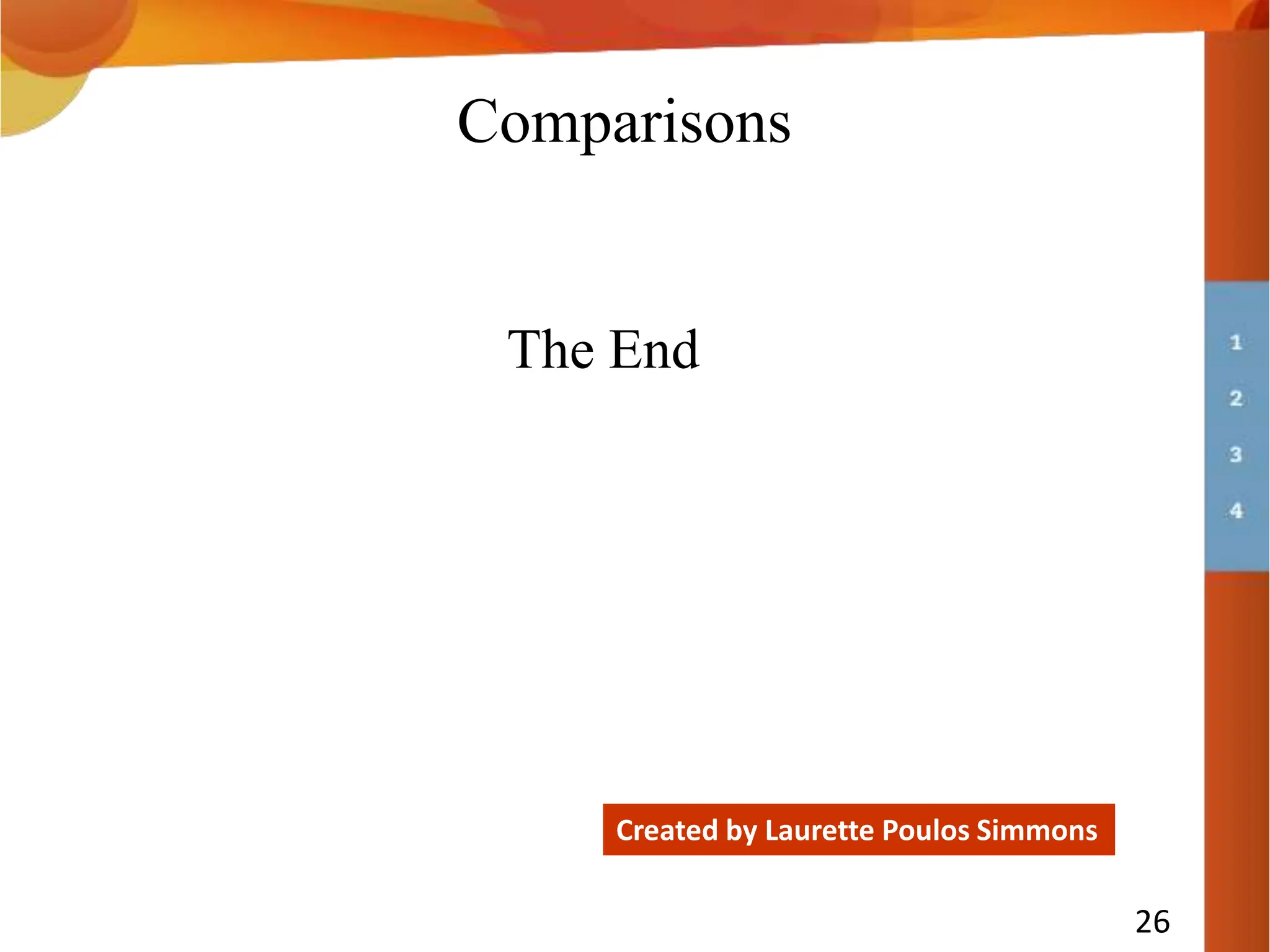 26
The End
Created by Laurette Poulos Simmons
Comparisons
 