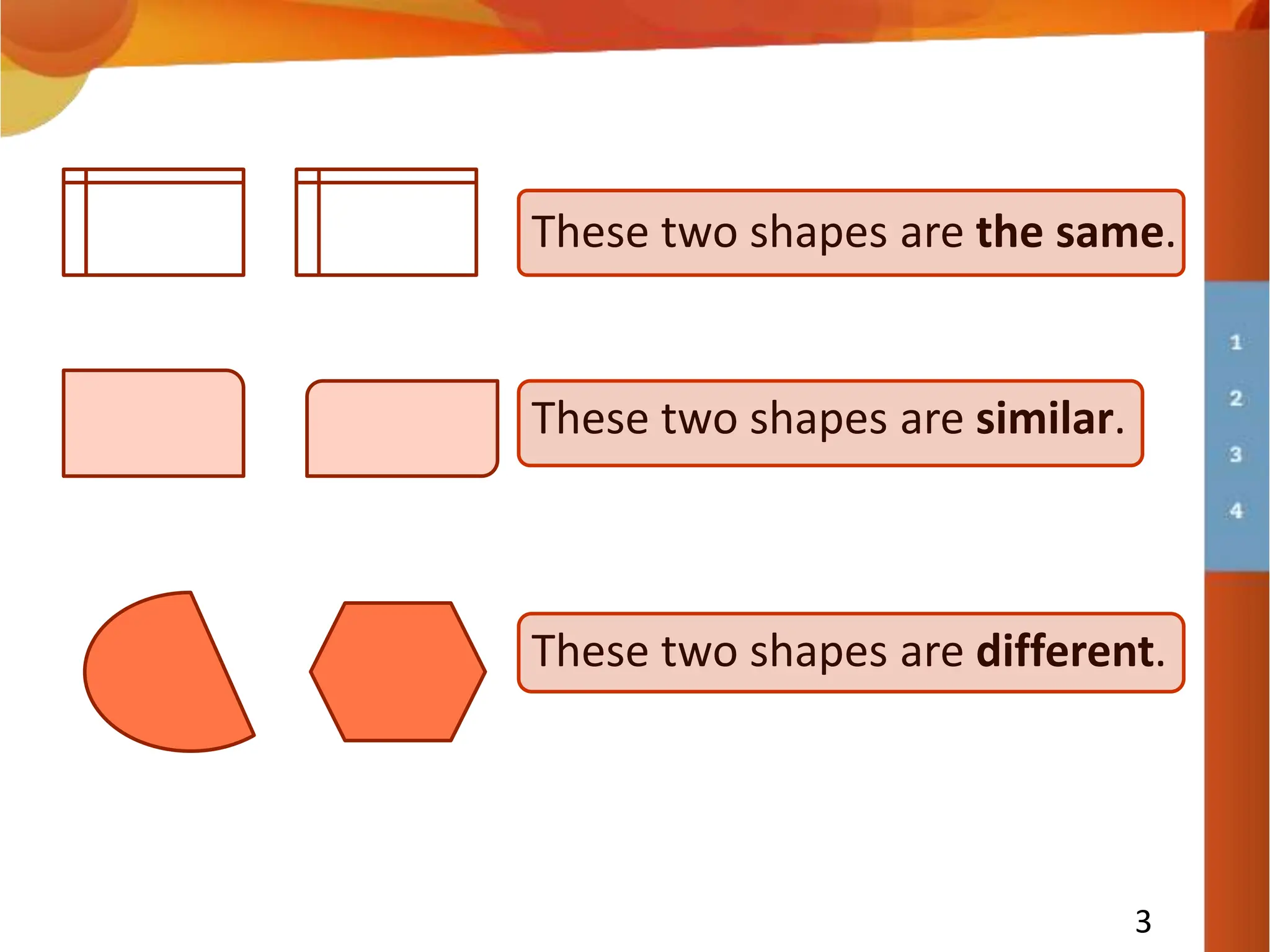 3
These two shapes are the same.
These two shapes are similar.
These two shapes are different.
 
