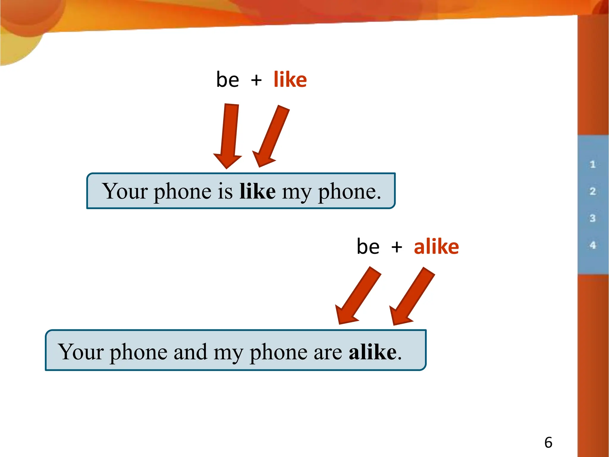 Your phone and my phone are alike.
6
Your phone is like my phone.
be + like
be + alike
 