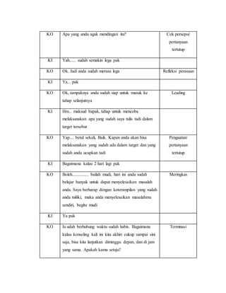 KO Apa yang anda agak mendingan itu? Cek persepsi/
pertanyaan
tertutup
KI Yah...... sudah semakin lega pak
KO Ok. Jadi anda sudah merasa lega Refleksi perasaan
KI Ya... pak
KO Ok, tampaknya anda sudah siap untuk masuk ke
tahap selanjutnya
Leading
KI Hm... maksud bapak, tahap untuk mencoba
melaksanakan apa yang sudah saya tulis tadi dalam
target tersebut
KO Yap.... betul sekali, Baik. Kapan anda akan bisa
melaksanakan yang sudah ada dalam target dan yang
sudah anda ucapkan tadi
Penguatan/
pertanyaan
tertutup
KI Bagaimana kalau 2 hari lagi pak
KO Boleh............... bailah mudi, hari ini anda sudah
belajar banyak untuk dapat menyelesaikan masalah
anda. Saya berharap dengan keterampilan yang sudah
anda miliki, maka anda menyelesaikan masalahmu
sendiri, begitu mudi
Meringkas
KI Ya pak
KO Ia udah berhubung waktu sudah habis. Bagaimana
kalau konseling kali ini kita akhiri cukup sampai sini
saja, bisa kita lanjutkan diminggu depan, dan di jam
yang sama. Apakah kamu setuju?
Terminasi
 