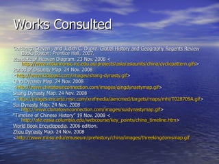 Works Consulted  Goldberg, Steven , and Judith C. Dupre.  Global History and Geography Regents Review Book.  Boston: Prentice Hall, 2007. Mandate of Heaven  Diagram. 23 Nov. 2008 < http://www.mckinnonsc.vic.edu.au/projects/asia/asiaunits/china/cyclicpattern.gifs > Period of Disunity  Map. 24 Nov. 2008 < http://www.kidspast.com/images/shang-dynasty.gif > Qing Dynasty Map. 24 Nov. 2008 < http:// www.chinatownconnection.com/images/qingdynastymap.gif > Shang Dynasty  Map. 24 Nov. 2008 <  http://images.encarta.msn.com/xrefmedia/aencmed/targets/maps/mhi/T028709A.gif > Sui Dynasty  Map. 24 Nov. 2008 http://www.chinatownconnection.com/images/suidynastymap.gif > “ Timeline of Chinese History” 19 Nov. 2008 < http://afe.easia.columbia.edu/webcourse/key_points/china_timeline.htm > World Book Encyclopedia . 2006 edition.  Zhou Dynasty  Map. 24 Nov. 2008 < http://www.mnsu.edu/emuseum/prehistory/china/images/threekingdomsmap.gif 