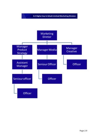 Page | 19
Marketing
Diretor
Manager
Product
Strategy
Assistant
Manager
Seniour officer
Officer
Manager Media
SeniourOfficer
Officer
Manager
Creative
Officer
4.2 Higher key in bKash Limited Marketing Division
 
