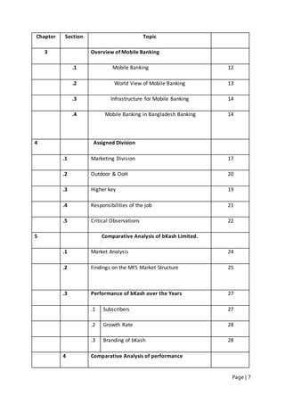 Page | 7
Chapter Section Topic
3 Overview of Mobile Banking
.1 Mobile Banking 12
.2 World View of Mobile Banking 13
.3 Infrastructure for Mobile Banking 14
.4 Mobile Banking in Bangladesh Banking 14
4 Assigned Division
.1 Marketing Division 17
.2 Outdoor & OoH 20
.3 Higher key 19
.4 Responsibilities of the job 21
.5 Critical Observations 22
5 Comparative Analysis of bKash Limited.
.1 Market Analysis 24
.2 Findings on the MFS Market Structure 25
.3 Performance of bKash over the Years 27
.1 Subscribers 27
.2 Growth Rate 28
.3 Branding of bKash 28
4 Comparative Analysis of performance
 