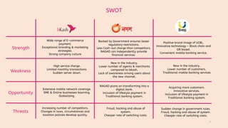 7
SWOT
Strength
Weakness
Opportunity
Threats
Positive brand image of UCBL.
Innovative technology – Block chain and
QR based.
Convenient mobile banking service.
Backed by Government ensures lesser
regulatory restrictions.
Less Cash-out charge than competitors.
NAGAD can independently provide
financial services.
Wide range of E-commerce
payment.
Exceptional branding & marketing
strategies.
Strong company culture
New in the industry.
Lower number of agents & merchants
compared to bKash.
Lack of awareness among users about
the new channel.
High service charge.
Limited monthly transactions.
Sudden server down.
New in the industry.
Lower number of customers.
Traditional mobile banking services
Acquiring more customers.
Innovative services.
Inclusion of lifestyle payment in
Traditional banking system.
NAGAD plans on transforming into a
digital bank.
Inclusion of lifestyle payment in
Traditional banking system.
Extensive mobile network coverage.
SME & Online businesses booming.
Globalizing.
Sudden change in government rules.
Fraud, hacking and abuse of system.
Cheaper rate of switching costs.
Fraud, hacking and abuse of
system.
Cheaper rate of switching costs.
Increasing number of competitors.
Changes in laws, circumstances and
taxation policies develop quickly.
 