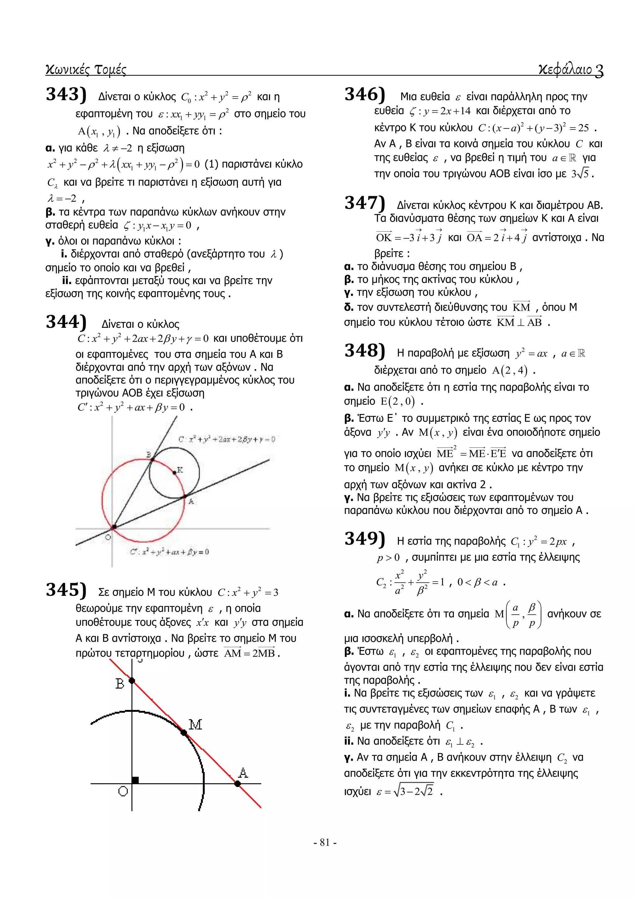 κωνικές τομές κεφάλαιο 3
- 81 -
343) Γίλεηαη ν θύθινο 2 2 2
0 :C x y   θαη ε
εθαπηνκέλε ηνπ 2
1 1: xx yy   ζην ζεκείν ηνπ
 1 1,x y . Να απνδείμεηε όηη :
α. γηα θάζε 2   ε εμίζσζε
 2 2 2 2
1 1 0x y xx yy        (1) παξηζηάλεη θύθιν
C θαη λα βξείηε ηη παξηζηάλεη ε εμίζσζε απηή γηα
2   ,
β. ηα θέληξα ησλ παξαπάλσ θύθισλ αλήθνπλ ζηελ
ζηαζεξή επζεία 1 1: 0y x x y   ,
γ. όινη νη παξαπάλσ θύθινη :
i. δηέξρνληαη από ζηαζεξό (αλεμάξηεην ηνπ  )
ζεκείν ην νπνίν θαη λα βξεζεί ,
ii. εθάπηνληαη κεηαμύ ηνπο θαη λα βξείηε ηελ
εμίζσζε ηεο θνηλήο εθαπηνκέλεο ηνπο .
344) Γίλεηαη ν θύθινο
2 2
: 2 2 0C x y ax y      θαη ππνζέηνπκε όηη
νη εθαπηνκέλεο ηνπ ζηα ζεκεία ηνπ Α θαη Β
δηέξρνληαη από ηελ αξρή ησλ αμόλσλ . Να
απνδείμεηε όηη ν πεξηγγεγξακκέλνο θύθινο ηνπ
ηξηγώλνπ ΑΟΒ έρεη εμίζσζε
2 2
: 0C x y ax y     .
345) ΢ε ζεκείν Μ ηνπ θύθινπ 2 2
: 3C x y 
ζεσξνύκε ηελ εθαπηνκέλε  , ε νπνία
ππνζέηνπκε ηνπο άμνλεο x x θαη y y ζηα ζεκεία
Α θαη Β αληίζηνηρα . Να βξείηε ην ζεκείν Μ ηνπ
πξώηνπ ηεηαξηεκνξίνπ , ώζηε 2   .
346) Μηα επζεία  είλαη παξάιιειε πξνο ηελ
επζεία : 2 14y x   θαη δηέξρεηαη από ην
θέληξν Κ ηνπ θύθινπ 2 2
:( ) ( 3) 25C x a y    .
Αλ Α , Β είλαη ηα θνηλά ζεκεία ηνπ θύθινπ C θαη
ηεο επζείαο  , λα βξεζεί ε ηηκή ηνπ a γηα
ηελ νπνία ηνπ ηξηγώλνπ ΑΟΒ είλαη ίζν κε 3 5 .
347) Γίλεηαη θύθινο θέληξνπ Κ θαη δηακέηξνπ ΑΒ.
Σα δηαλύζκαηα ζέζεο ησλ ζεκείσλ Κ θαη Α είλαη
3 3i j
 
    θαη 2 4i j
 
   αληίζηνηρα . Να
βξείηε :
α. ην δηάλπζκα ζέζεο ηνπ ζεκείνπ Β ,
β. ην κήθνο ηεο αθηίλαο ηνπ θύθινπ ,
γ. ηελ εμίζσζε ηνπ θύθινπ ,
δ. ηνλ ζπληειεζηή δηεύζπλζεο ηνπ  , όπνπ Μ
ζεκείν ηνπ θύθινπ ηέηνην ώζηε    .
348) Η παξαβνιή κε εμίζσζε 2
y ax , a
δηέξρεηαη από ην ζεκείν  2 , 4 .
α. Να απνδείμεηε όηη ε εζηία ηεο παξαβνιήο είλαη ην
ζεκείν  2 , 0 .
β. Έζησ Δ΄ ην ζπκκεηξηθό ηεο εζηίαο Δ σο πξνο ηνλ
άμνλα y y . Αλ  ,x y είλαη έλα νπνηνδήπνηε ζεκείν
γηα ην νπνίν ηζρύεη
2
    λα απνδείμεηε όηη
ην ζεκείν  ,x y αλήθεη ζε θύθιν κε θέληξν ηελ
αξρή ησλ αμόλσλ θαη αθηίλα 2 .
γ. Να βξείηε ηηο εμηζώζεηο ησλ εθαπηνκέλσλ ηνπ
παξαπάλσ θύθινπ πνπ δηέξρνληαη από ην ζεκείν Α .
349) Η εζηία ηεο παξαβνιήο 2
1 : 2C y px ,
0p  , ζπκπίπηεη κε κηα εζηία ηεο έιιεηςεο
2 2
2 2 2
: 1
x y
C
a 
  , 0 a  .
α. Να απνδείμεηε όηη ηα ζεκεία ,
a
p p
 
 
 
αλήθνπλ ζε
κηα ηζνζθειή ππεξβνιή .
β. Έζησ 1 , 2 νη εθαπηνκέλεο ηεο παξαβνιήο πνπ
άγνληαη από ηελ εζηία ηεο έιιεηςεο πνπ δελ είλαη εζηία
ηεο παξαβνιήο .
i. Να βξείηε ηηο εμηζώζεηο ησλ 1 , 2 θαη λα γξάςεηε
ηηο ζπληεηαγκέλεο ησλ ζεκείσλ επαθήο Α , Β ησλ 1 ,
2 κε ηελ παξαβνιή 1C .
ii. Να απνδείμεηε όηη 1 2  .
γ. Αλ ηα ζεκεία Α , Β αλήθνπλ ζηελ έιιεηςε 2C λα
απνδείμεηε όηη γηα ηελ εθθεληξόηεηα ηεο έιιεηςεο
ηζρύεη 3 2 2   .
 