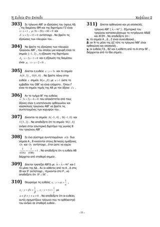 η ευθεία στο επίπεδο κεφάλαιο 2
- 55 -
303) ΢ε ηξίγσλν ΑΒΓ νη εμηζώζεηο ηνπ ύςνπο ΑΓ
, ηεο δηακέζνπ ΒΚ θαη ηεο δηρνηόκνπ ΓΕ είλαη
: 1x  , :9 20 60 0x y    θαη
: 3 13 0x y    αληίζηνηρα . Λα βξείηε ηηο
εμηζώζεηο ησλ πιεπξώλ ηνπ .
304) Λα βξείηε ηηο εμηζώζεηο ησλ πιεπξώλ
ηξηγώλνπ ΑΒΓ , ηνπ νπνίνπ κηα θνξπθή είλαη ην
ζεκείν  1, 2 , ε εμίζσζε ηεο δηρνηόκνπ
: 2 1 0x y    θαη ε εμίζσζε ηεο δηακέζνπ
είλαη : 2 0x y    .
305) Γίλεηαη ε επζεία : 3y x  θαη ηα ζεκεία
 4 , 3 ,  0 , 0 . Λα βξείηε πάλσ ζηελ
επζεία  ζεκείν  ,a  κε 1a  ώζηε ην
εκβαδόλ ηνπ ΟΒΓ λα είλαη ειάρηζην . Όπνπ Γ
είλαη ην ζεκείν ηνκήο ηεο ΑΒ κε ηνλ άμνλα x x .
306) Αλ ην ηκήκα ΒΓ ηεο επζείαο
:3 2 6 0x y    πνπ απνθόπηεηαη από ηνπο
άμνλεο είλαη ε ππνηείλνπζα νξζνγσλίνπ θαη
ηζνζθεινύο ηξηγώλνπ ΑΒΓ λα βξείηε ηηο
ζπληεηαγκέλεο ησλ θνξπθώλ ηνπ .
307) Γίλνληαη ηα ζεκεία  3 , 4  ,  1, 0  θαη
 3 , 2 . Λα απνδείμεηε όηη ην ζεκείν  1, 6
αλήθεη ζηελ εζσηεξηθή δηρνηόκν ηεο γσλίαο Β
ηνπ ηξηγώλνπ ΑΒΓ .
308) ΢ε έλα ζύζηεκα ζπληεηαγκέλσλ xOy δπν
ζεκεία Α , Β θηλνύληαη ζηνπο ζεηηθνύο εκηάμνλεο
Ox θαη Oy αληίζηνηρα , έηζη ώζηε λα ηζρύεη
1 1
1
( ) ( )
 
 
. Λα απνδείμεηε όηη ε επζεία ΑΒ
δηέξρεηαη από ζηαζεξό ζεκείν .
309) Γίλεηαη ηξαπέδην ΑΒΓΓ κε 0
90
 
    θαη Η
ην κέζν ηεο ΑΓ . Αλ νη θάζεηεο από ηα Α , Γ ζηηο
ΗΒ θαη ΗΓ αληίζηνηρα , ηέκλνληαη ζην Ρ , λα
απνδείμεηε όηη    .
310) Θεσξνύκε ηηο επζείεο 1
1
: y ax
a
   ,
2
1
: y x 

  , 3
1
: y x 

  κε
0a a     . Λα απνδείμεηε όηη νη επζείεο
απηέο ζρεκαηίδνπλ ηξίγσλν πνπ ην νξζόθεληξό
ηνπ αλήθεη ζε ζηαζεξή επζεία .
311) Γίλεηαη νξζνγώλην θαη κε ηζνζθειέο
ηξίγσλν ΑΒΓ ( 0
90

  ) . Δμσηεξηθά ηνπ
ηξηγώλνπ θαηαζθεπάζνπκε ηα ηεηξάγσλα ΑΒΓΔ
θαη ΑΓΕΖ . Λα απνδείμεηε όηη :
α. ηα ζεκεία Α , Γ , Ε είλαη ζπλεπζεηαθά ,
β. αλ Λ ην κέζν ηεο ΓΕ ηόηε ην ηξίγσλν ΛΒΓ είλαη
νξζνγώλην θαη ηζνζθειέο .
γ. νη επζείεο ΓΓ , ΒΕ θαη ε θάζεηε από ην Α ζηελ ΒΓ ,
δηέξρνληαη από ην ίδην ζεκείν .
 