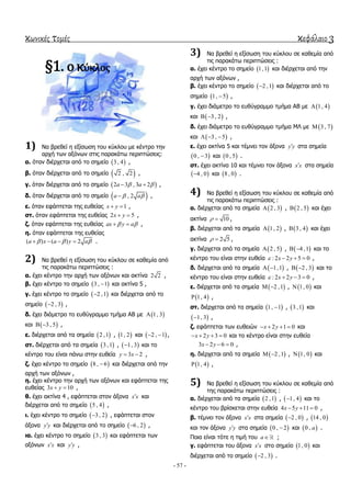 κωνικές τομές κεφάλαιο 3
- 57 -
§1. ο κύκλοσ
1) Να βξεζεί ε εμίζσζε ηνπ θύθινπ κε θέληξν ηελ
αξρή ησλ αμόλσλ ζηηο παξαθάησ πεξηπηώζεηο:
α. όηαλ δηέξρεηαη από ην ζεκείν  3 , 4 ,
β. όηαλ δηέξρεηαη από ην ζεκείν  2 , 2 ,
γ. όηαλ δηέξρεηαη από ην ζεκείν  2 3 , 3 2a a   ,
δ. όηαλ δηέξρεηαη από ην ζεκείν  , 2a a  ,
ε. όηαλ εθάπηεηαη ηεο επζείαο 1x y  ,
ζη. όηαλ εθάπηεηαη ηεο επζείαο 2 5x y  ,
δ. όηαλ εθάπηεηαη ηεο επζείαο ax y a   ,
ε. όηαλ εθάπηεηαη ηεο επζείαο
( ) ( ) 2a x a y a      .
2) Να βξεζεί ε εμίζσζε ηνπ θύθινπ ζε θαζεκία από
ηηο παξαθάησ πεξηπηώζεηο :
α. έρεη θέληξν ηελ αξρή ησλ αμόλσλ θαη αθηίλα 2 2 ,
β. έρεη θέληξν ην ζεκείν  3 , 1 θαη αθηίλα 5 ,
γ. έρεη θέληξν ην ζεκείν  2 ,1 θαη δηέξρεηαη από ην
ζεκείν  2 , 3 ,
δ. έρεη δηάκεηξν ην επζύγξακκν ηκήκα ΑΒ κε  1, 3
θαη  3 , 5  ,
ε. δηέξρεηαη από ηα ζεκεία  2 ,1 ,  1, 2 θαη  2 , 1  ,
ζη. δηέξρεηαη από ηα ζεκεία  3 ,1 ,  1, 3 θαη ην
θέληξν ηνπ είλαη πάλσ ζηελ επζεία 3 2y x  ,
δ. έρεη θέληξν ην ζεκείν  8 , 6 θαη δηέξρεηαη από ηελ
αξρή ησλ αμόλσλ ,
ε. έρεη θέληξν ηελ αξρή ησλ αμόλσλ θαη εθάπηεηαη ηεο
επζείαο 3 10x y  ,
ζ. έρεη αθηίλα 4 , εθάπηεηαη ζηνλ άμνλα x x θαη
δηέξρεηαη από ην ζεκείν  5 , 4 ,
η. έρεη θέληξν ην ζεκείν  3 , 2 , εθάπηεηαη ζηνλ
άμνλα y y θαη δηέξρεηαη από ην ζεκείν  6 , 2 ,
ηα. έρεη θέληξν ην ζεκείν  3 , 3 θαη εθάπηεηαη ησλ
αμόλσλ x x θαη y y ,
3) Να βξεζεί ε εμίζσζε ηνπ θύθινπ ζε θαζεκία από
ηηο παξαθάησ πεξηπηώζεηο :
α. έρεη θέληξν ην ζεκείν  1,1 θαη δηέξρεηαη από ηελ
αξρή ησλ αμόλσλ ,
β. έρεη θέληξν ην ζεκείν  2 ,1 θαη δηέξρεηαη από ην
ζεκείν  1, 5 ,
γ. έρεη δηάκεηξν ην επζύγξακκν ηκήκα ΑΒ κε  1, 4
θαη  3 , 2  ,
δ. έρεη δηάκεηξν ην επζύγξακκν ηκήκα ΜΛ κε  3 , 7
θαη  3 , 5   ,
ε. έρεη αθηίλα 5 θαη ηέκλεη ηνλ άμνλα y y ζηα ζεκεία
 0 , 3 θαη  0 , 5 .
ζη. έρεη αθηίλα 10 θαη ηέκλεη ηνλ άμνλα x x ζηα ζεκεία
 4 , 0 θαη  8 , 0 .
4) Να βξεζεί ε εμίζσζε ηνπ θύθινπ ζε θαζεκία από
ηηο παξαθάησ πεξηπηώζεηο :
α. δηέξρεηαη από ηα ζεκεία  2 , 3 ,  2 , 5 θαη έρεη
αθηίλα 10  ,
β. δηέξρεηαη από ηα ζεκεία  1, 2 ,  3 , 4 θαη έρεη
αθηίλα 2 5  ,
γ. δηέξρεηαη από ηα ζεκεία  2 , 5 ,  4 ,1  θαη ην
θέληξν ηνπ είλαη ζηελ επζεία : 2 2 5 0x y    ,
δ. δηέξρεηαη από ηα ζεκεία  1,1  ,  2 , 3  θαη ην
θέληξν ηνπ είλαη ζηελ επζεία : 2 2 3 0x y    ,
ε. δηέξρεηαη από ηα ζεκεία  2 ,1  ,  1, 0 θαη
 1, 4 ,
ζη. δηέξρεηαη από ηα ζεκεία  1, 1 ,  3 ,1 θαη
 1, 3 ,
δ. εθάπηεηαη ησλ επζεηώλ 2 1 0x y    θαη
2 3 0x y    θαη ην θέληξν είλαη ζηελ επζεία
3 2 6 0x y   ,
ε. δηέξρεηαη από ηα ζεκεία  2 ,1  ,  1, 0 θαη
 1, 4 ,
5) Να βξεζεί ε εμίζσζε ηνπ θύθινπ ζε θαζεκία από
ηεο παξαθάησ πεξηπηώζεηο :
α. δηέξρεηαη από ηα ζεκεία  2 ,1 ,  1, 4 θαη ην
θέληξν ηνπ βξίζθεηαη ζηελ επζεία 4 5 11 0x y   ,
β. ηέκλεη ηνλ άμνλα x x ζηα ζεκεία  2 , 0 ,  14 , 0
θαη ηνλ άμνλα y y ζηα ζεκεία  0 , 2 θαη  0 , a .
Πνηα είλαη ηόηε ε ηηκή ηνπ a ;
γ. εθάπηεηαη ηνπ άμνλα x x ζην ζεκείν  1, 0 θαη
δηέξρεηαη από ην ζεκείν  2 , 3 .
 