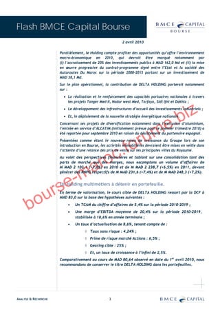 Flash BMCE Capital Bourse
                                                           2 avril 2010

                      Parallèlement, le Holding compte profiter des opportunités qu’offre l’environnement
                      macro-économique en 2010, qui devrait être marqué notamment par
                      (i) l’accroissement de 20% des investissements publics à MAD 162,0 Md et (ii) la mise
                      en œuvre progressive du contrat-programme signé entre l’Etat et la société des
                      Autoroutes Du Maroc sur la période 2008-2015 portant sur un investissement de
                      MAD 38,1 Md.
                      Sur le plan opérationnel, la contribution de DELTA HOLDING porterait notamment
                      sur :
                        • La réalisation et le renforcement des capacités portuaires nationales à travers




                                                                                             iz
                          les projets Tanger Med II, Nador west Med, Tarfaya, Sidi Ifni et Dakhla ;




                                                                                          .b
                        • Le développement des infrastructures d’accueil des investissements industriels ;




                                                                               e
                        • Et, le déploiement de la nouvelle stratégie énergétique nationale.




                                                                             m
                      Concernant ses projets de diversification notamment dans l’extrusion d’aluminium,




                                                                  ru
                      l’entrée en service d’ALCATIM (initialement prévue pour le premier trimestre 2010) a
                      été reportée pour septembre 2010 en raison du désistement du partenaire espagnol.




                                                 c.            fo
                      Présentées comme étant le nouveau relais de croissance du Groupe lors de son
                      introduction en Bourse, les activités immobilières devraient être mises en veille dans




                                              ro
                      l’attente d’une relance des prix de vente sur les principales villes du Royaume.
                      Au volet des perspectives financières et tablant sur une consolidation tant des


                                   a
                      parts de marché que des marges, nous escomptons un volume d’affaires de



                                 m
                      M MAD 2 103,1 (+7,0%) en 2010 et de M MAD 2 238,7 (+6,5%) en 2011, devant



                           -
                      générer des RNPG respectifs de M MAD 231,6 (+7,4%) et de M MAD 248,3 (+7,2%).




                   rs    e
                      Un Holding multimétiers à détenir en portefeuille.



       o         u    En terme de valorisation, le cours cible de DELTA HOLDING ressort par la DCF à



      b
                      MAD 83,0 sur la base des hypothèses suivantes :
                          •    Un TCAM du chiffre d’affaires de 5,4% sur la période 2010-2019 ;
                          •    Une marge d’EBITDA moyenne de 20,4% sur la période 2010-2019,
                               stabilisée à 18,6% en année terminale ;
                          •    Un taux d’actualisation de 8,6%, tenant compte de :
                                     ◊ Taux sans risque : 4,24% ;
                                     ◊ Prime de risque marché Actions : 6,5% ;
                                     ◊ Gearing cible : 25% ;
                                     ◊ Et, un taux de croissance à l’infini de 2,5%.
                      Comparativement au cours de MAD 80,64 observé en date du 1er avril 2010, nous
                      recommandons de conserver le titre DELTA HOLDING dans les portefeuilles.




ANALYSE & RECHERCHE                                3
 