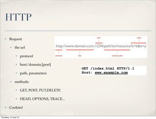 HTTP
✤ Request
✤ the url
✤ protocol
✤ host/domain,[port]
✤ path, parameters
✤ methods:
✤ GET, POST, PUT,DELETE
✤ HEAD, OPTIONS, TRACE...
✤ Cookies!
GET /index.html HTTP/1.1
Host: www.example.com
Thursday, 13 June 13
 