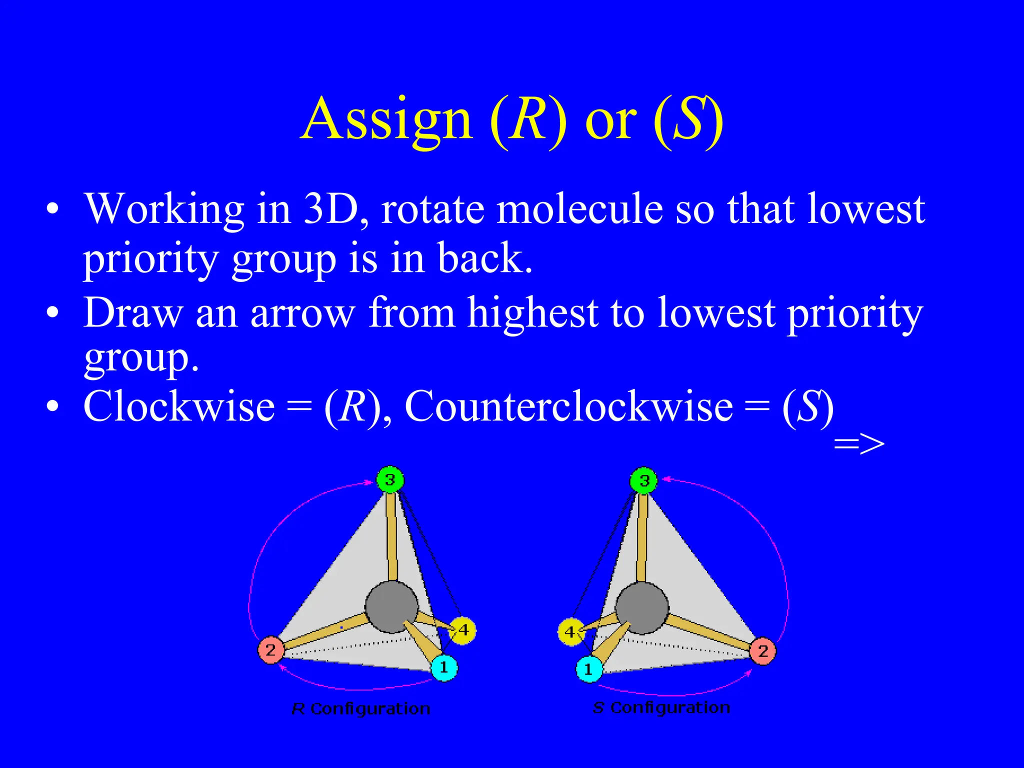 Assign (R) or (S)
• Working in 3D, rotate molecule so that lowest
priority group is in back.
• Draw an arrow from highest to lowest priority
group.
• Clockwise = (R), Counterclockwise = (S)
=>
 