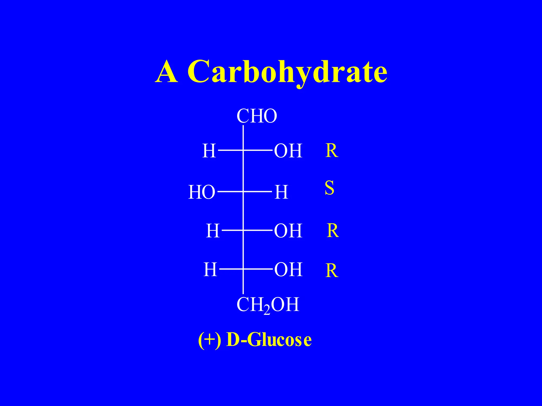A Carbohydrate
CHO
CH2OH
H OH
HO H
H OH
H OH
(+) D-Glucose
R
S
R
R
 