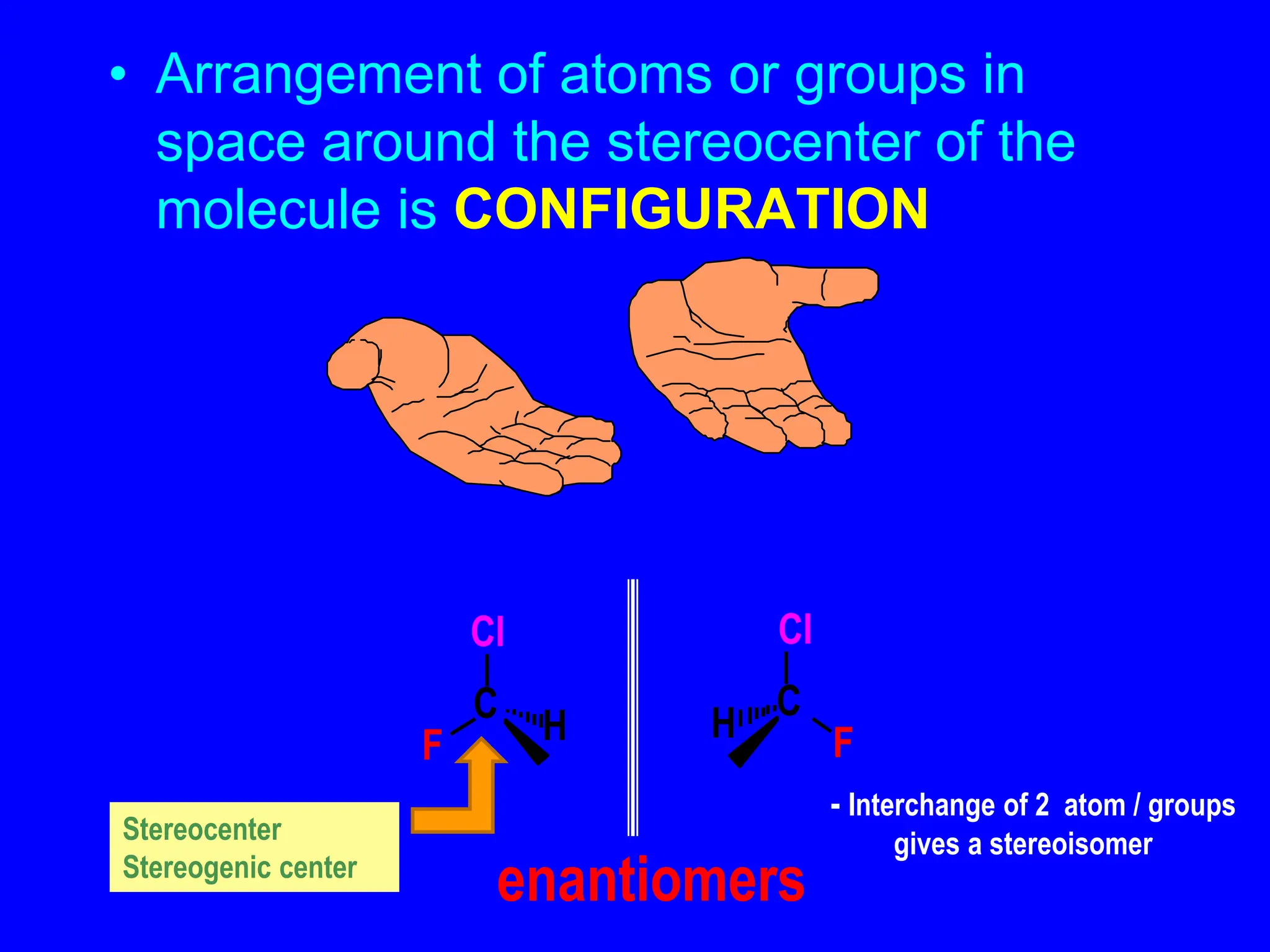 • Arrangement of atoms or groups in
space around the stereocenter of the
molecule is CONFIGURATION
Cl
C
F
Br
H
Cl
C
F
Br
H
enantiomers
Stereocenter
Stereogenic center
- Interchange of 2 atom / groups
gives a stereoisomer
 