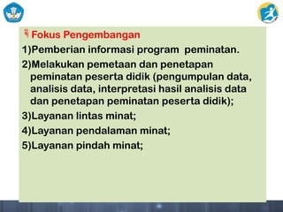 Fokus Pengembangan
1)Pemberian informasi program peminatan.
2)Melakukan pemetaan dan penetapan
peminatan peserta didik (pengumpulan data,
analisis data, interpretasi hasil analisis data
dan penetapan peminatan peserta didik);
3)Layanan lintas minat;
4)Layanan pendalaman minat;
5)Layanan pindah minat;
 