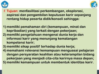  Tujuan: menfasilitasi perkembangan, eksplorasi,
aspirasi dan pengambilan keputusan karir sepanjang
rentang hidup peserta didik/konseli sehingga:
1) memiliki pemahaman diri (kemampuan, minat dan
kepribadian) yang terkait dengan pekerjaan;
2) memiliki pengetahuan mengenai dunia kerja dan
informasi karir yang menunjang kematangan
kompetensi karir;
3) memiliki sikap positif terhadap dunia kerja;
4) memahami relevansi kemampuan menguasai pelajaran
dengan persyaratan keahlian atau keterampilan bidang
pekerjaan yang menjadi cita-cita karirnya masa depan;
5) memiliki kemampuan untuk membentuk identitas karir.
 